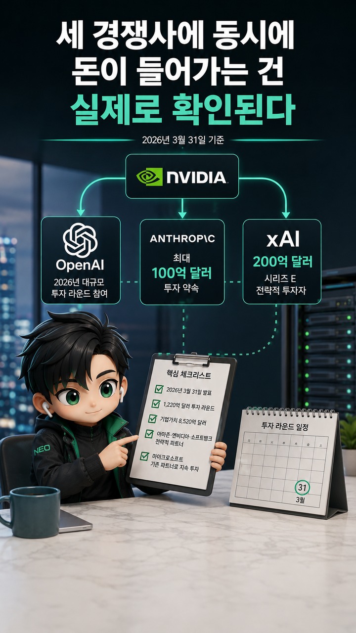 오픈AI·앤트로픽·xAI에 엔비디아가 모두 투자했다, AI 돈의 흐름이 ‘모델 경쟁’만으로 설명되지 않는 이유 - 세 경쟁사에 동시에 돈이 들어가는 건 실제로 확인된다 핵심 내용을 정리한 정보형 이미지