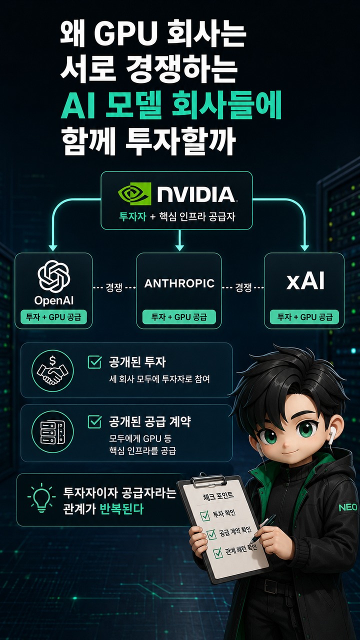 오픈AI·앤트로픽·xAI에 엔비디아가 모두 투자했다, AI 돈의 흐름이 ‘모델 경쟁’만으로 설명되지 않는 이유 - 왜 GPU 회사는 서로 경쟁하는 AI 모델 회사들에 함께 투자할까 핵심 내용을 정리한 정보형 이미지
