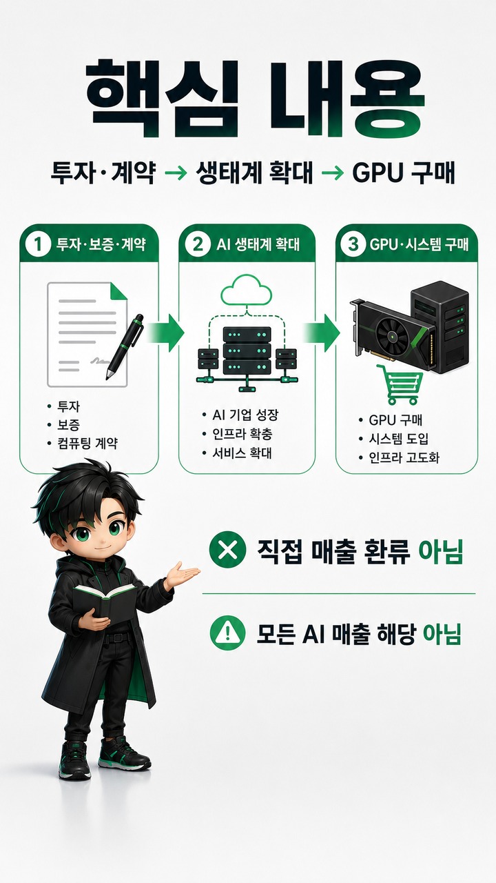 엔비디아 순환금융이란? AI 투자금이 다시 GPU 매출로 돌아오는 구조와 투자자가 볼 숫자 - 핵심 내용 핵심 내용을 정리한 정보형 이미지