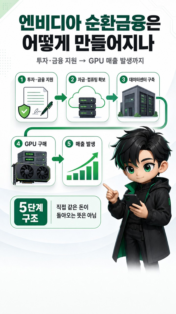 엔비디아 순환금융이란? AI 투자금이 다시 GPU 매출로 돌아오는 구조와 투자자가 볼 숫자 - 엔비디아 순환금융은 어떻게 만들어지나 핵심 내용을 정리한 정보형 이미지