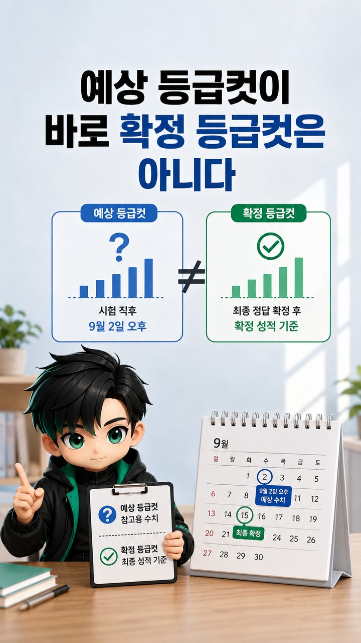 9월 모의고사 난도 분석, 국어·수학은 6월보다 어렵고 영어는 쉬웠다는 평가 - 예상 등급컷이 바로 확정 등급컷은 아니다 핵심 내용을 정리한 정보형 이미지