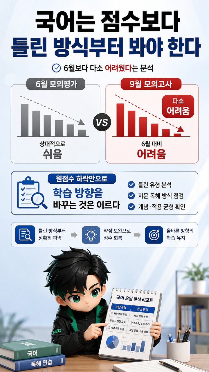 9월 모의고사 난도 분석, 국어·수학은 6월보다 어렵고 영어는 쉬웠다는 평가 - 국어는 점수보다 틀린 방식부터 봐야 한다 핵심 내용을 정리한 정보형 이미지