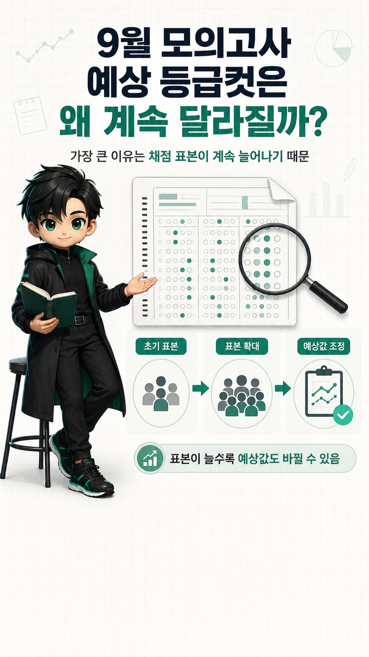 9월 모의고사 예상 등급컷 왜 계속 바뀔까? 9월 29일 확정 전 봐야 할 기준 - 9월 모의고사 예상 등급컷은 왜 계속 달라질까? 핵심 내용을 정리한 정보형 이미지