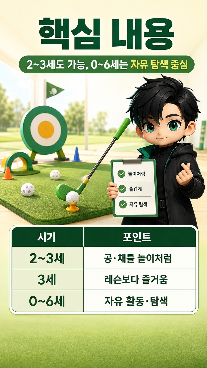 아이 골프 몇 살부터 시작할까? 3세는 ‘레슨’보다 놀이로 접하는 시기 - 핵심 내용 핵심 내용을 정리한 정보형 이미지