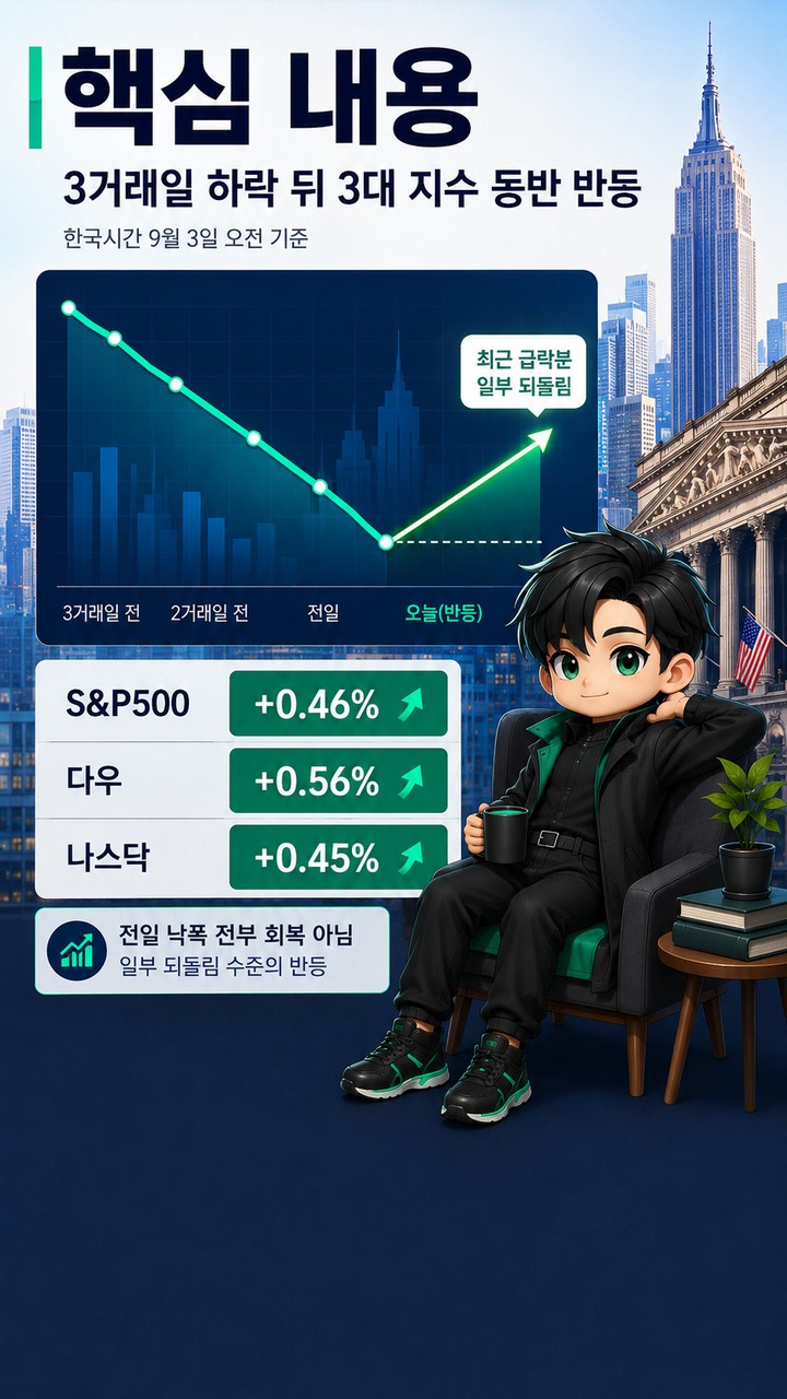 뉴욕증시 반등, 3일 하락 뒤 S&P500 0.46% 상승…아직 되돌리지 못한 낙폭은 얼마 - 핵심 내용 핵심 내용을 정리한 정보형 이미지