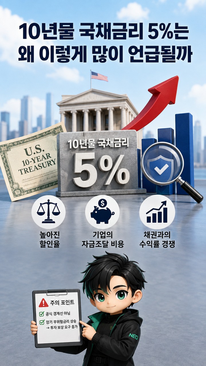 미국 10년물 국채금리 5%가 왜 증시에 부담일까? S&P500 반등 뒤 봐야 할 숫자 - 10년물 국채금리 5%는 왜 이렇게 많이 언급될까 핵심 내용을 정리한 정보형 이미지