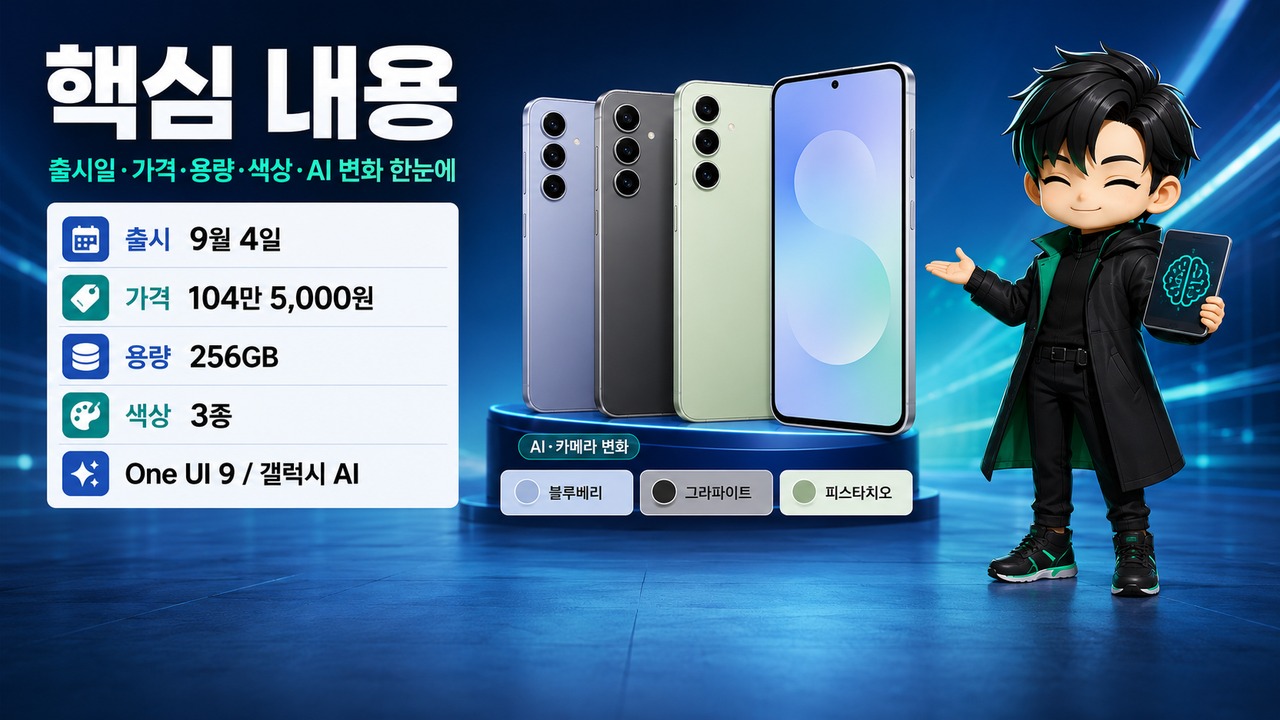 갤럭시 S26 FE 9월 4일 국내 출시, 104만5000원에서 확인할 AI·카메라 변화 - 핵심 내용 핵심 내용을 정리한 정보형 이미지