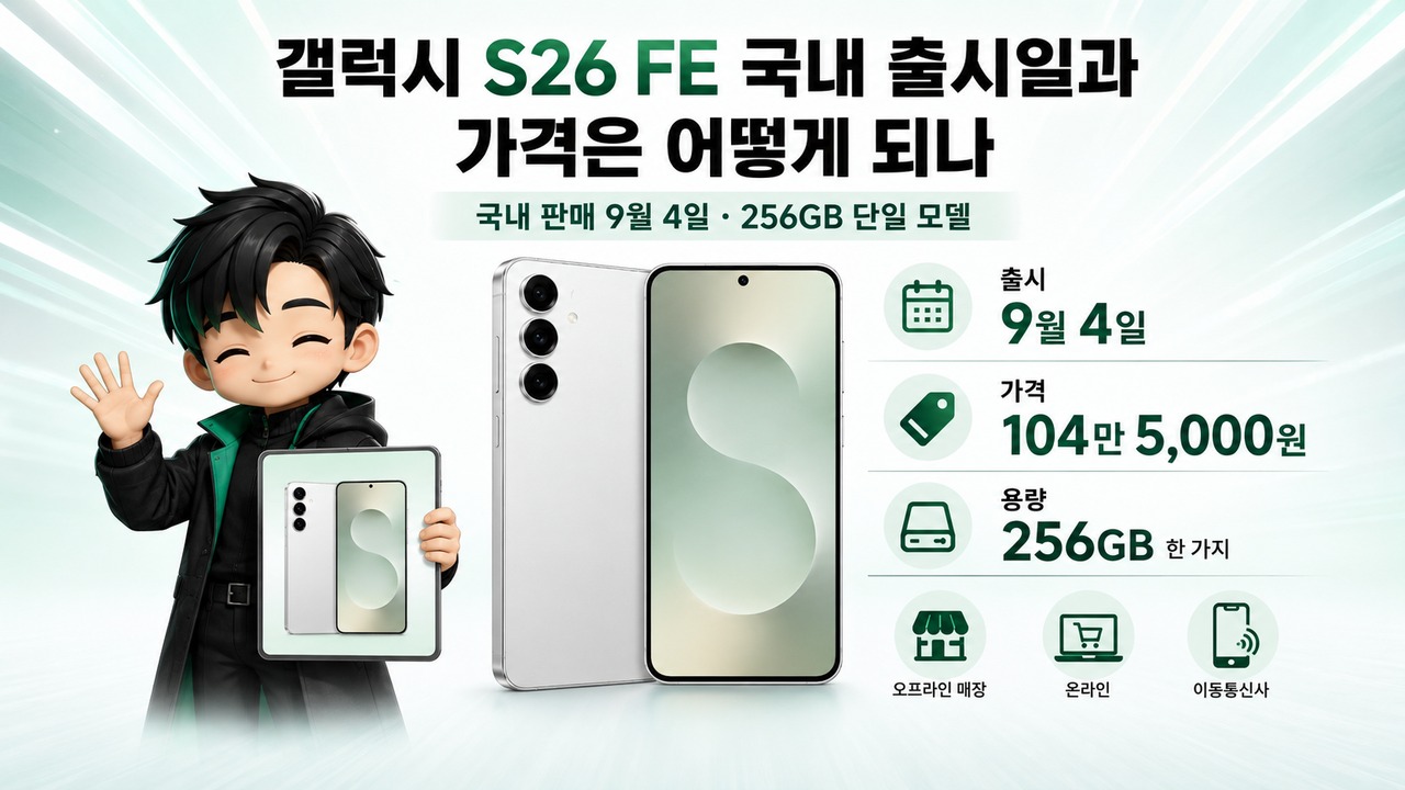 갤럭시 S26 FE 9월 4일 국내 출시, 104만5000원에서 확인할 AI·카메라 변화 - 갤럭시 S26 FE 국내 출시일과 가격은 어떻게 되나 핵심 내용을 정리한 정보형 이미지