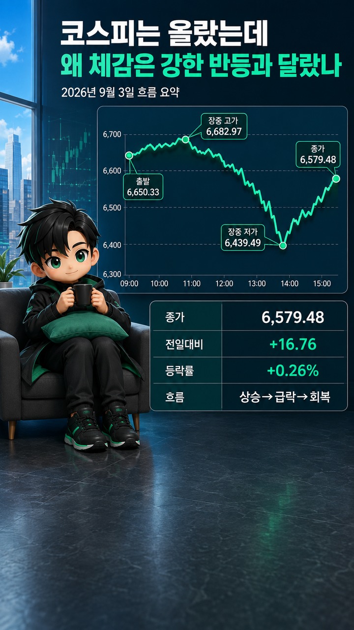 주가 9월 3일 코스피 6,579.48 마감, 장중 243포인트 흔들린 뒤 남은 신호 - 코스피는 올랐는데 왜 체감은 강한 반등과 달랐나 핵심 내용을 정리한 정보형 이미지