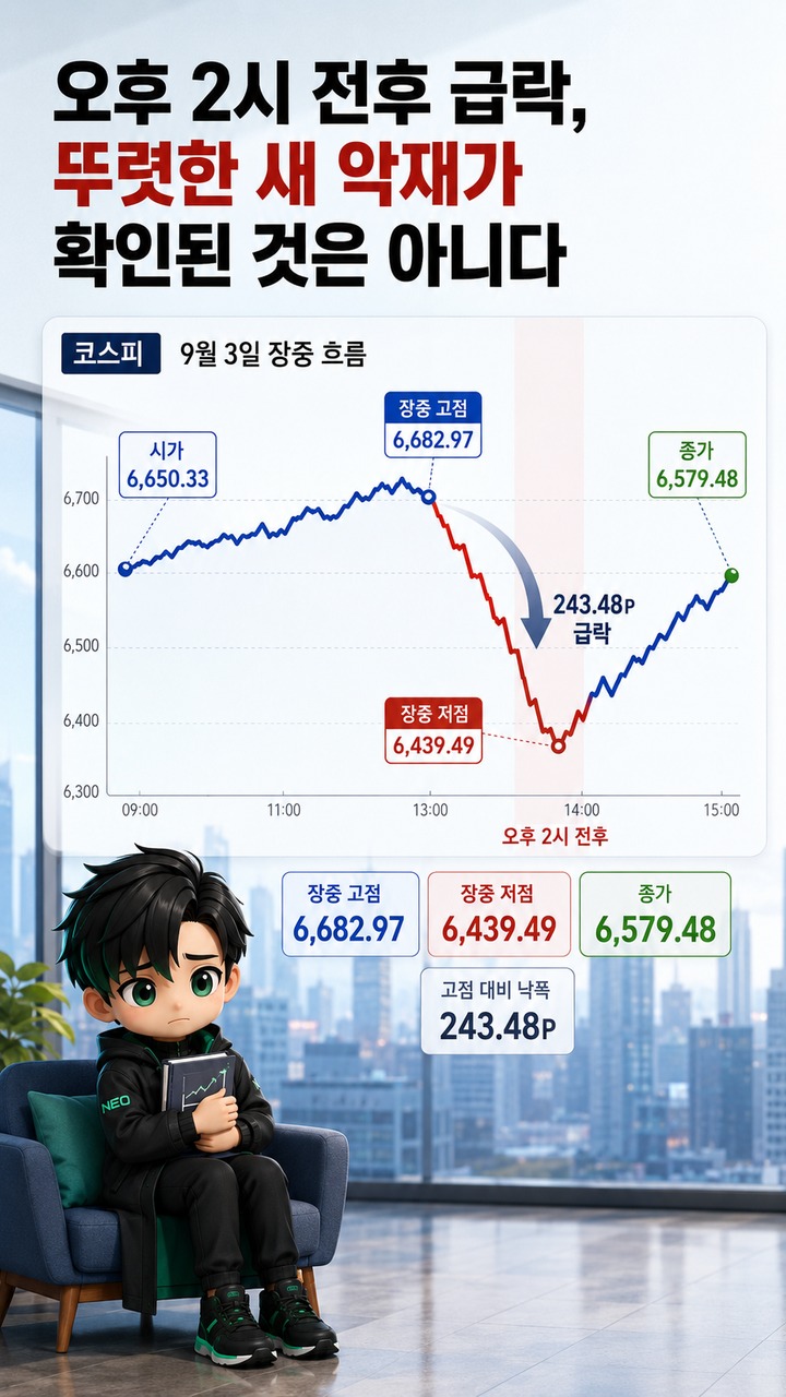 주가 9월 3일 코스피 6,579.48 마감, 장중 243포인트 흔들린 뒤 남은 신호 - 오후 2시 전후 급락, 뚜렷한 새 악재가 확인된 것은 아니다 핵심 내용을 정리한 정보형 이미지