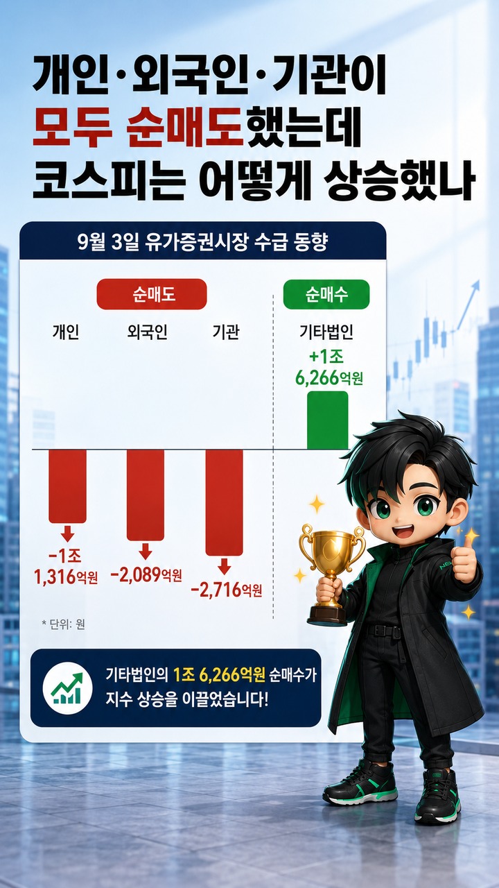 주가 9월 3일 코스피 6,579.48 마감, 장중 243포인트 흔들린 뒤 남은 신호 - 개인·외국인·기관이 모두 순매도했는데 코스피는 어떻게 상승했나 핵심 내용을 정리한 정보형 이미지