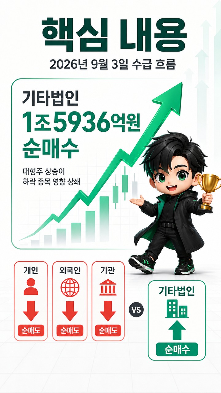 개인·외국인·기관 다 팔았는데 코스피 왜 올랐나? 기타법인 1조5936억원의 정체 - 핵심 내용 핵심 내용을 정리한 정보형 이미지