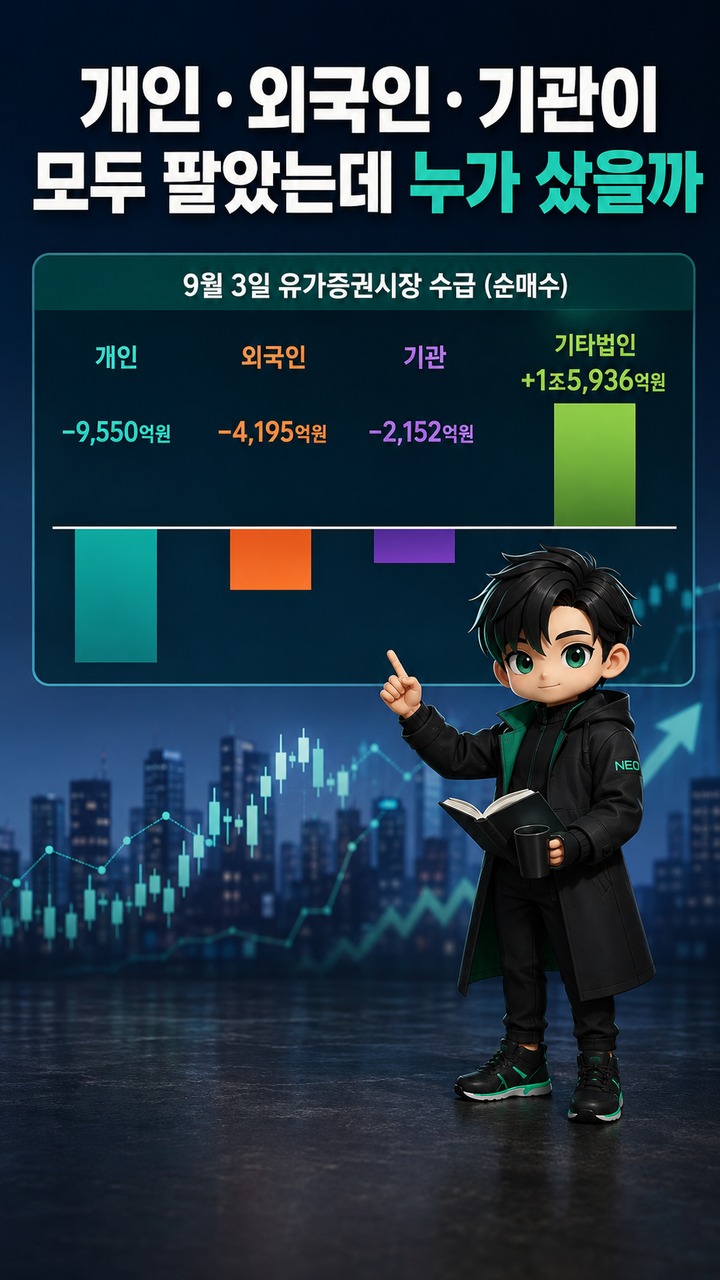 개인·외국인·기관 다 팔았는데 코스피 왜 올랐나? 기타법인 1조5936억원의 정체 - 개인·외국인·기관이 모두 팔았는데 누가 샀을까 핵심 내용을 정리한 정보형 이미지