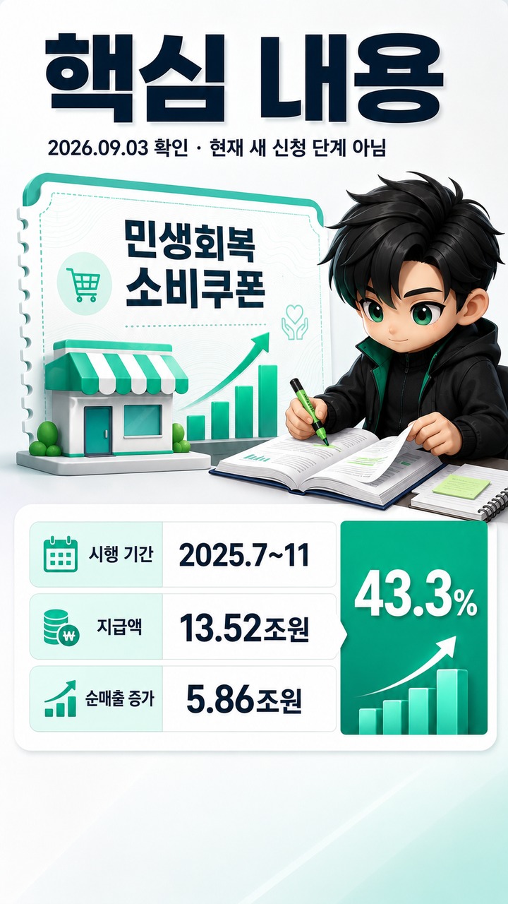 민생회복 소비쿠폰 2026년 확인 결과, 13.52조원 지급액 중 43.3%가 순매출 증가로 연결 - 핵심 내용 핵심 내용을 정리한 정보형 이미지