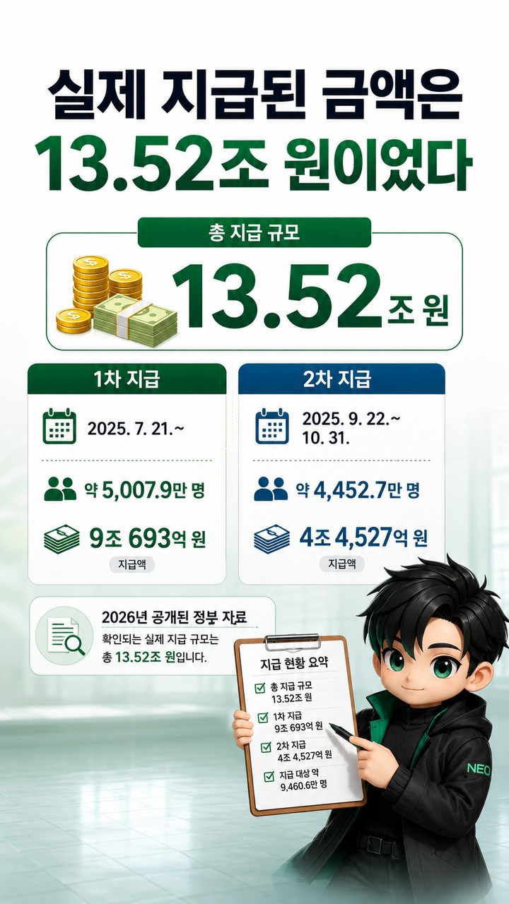 민생회복 소비쿠폰 2026년 확인 결과, 13.52조원 지급액 중 43.3%가 순매출 증가로 연결 - 실제 지급된 금액은 13.52조 원이었다 핵심 내용을 정리한 정보형 이미지