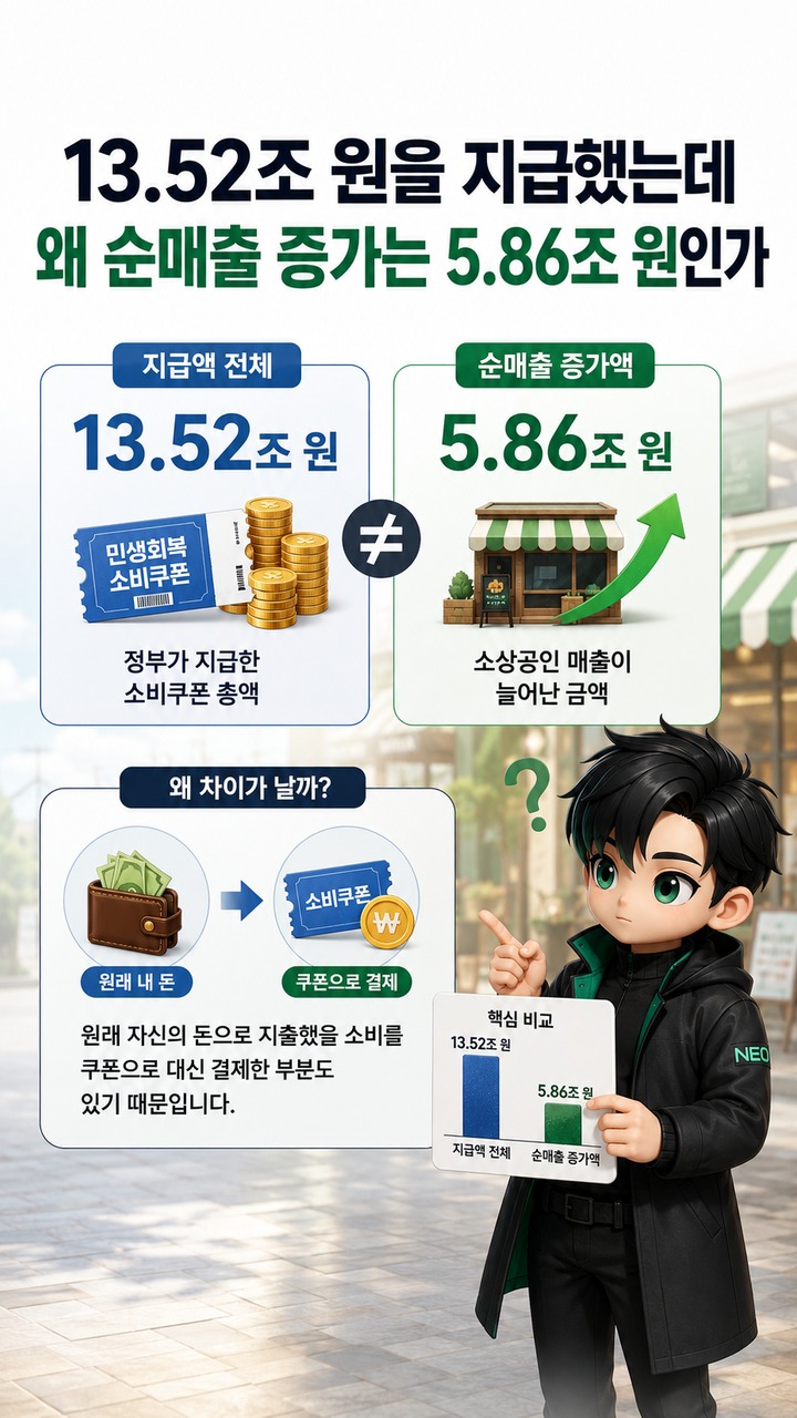 민생회복 소비쿠폰 2026년 확인 결과, 13.52조원 지급액 중 43.3%가 순매출 증가로 연결 - 13.52조 원을 지급했는데 왜 순매출 증가는 5.86조 원인가 핵심 내용을 정리한 정보형 이미지