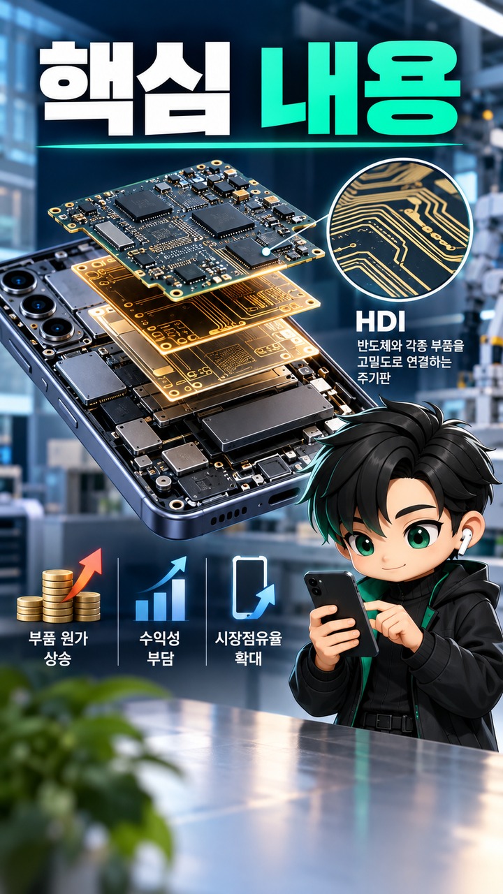 삼성전자 스마트폰 HDI 조달 부담, 부품값 상승 속 주기판 확보가 변수로 떠올랐다 - 핵심 내용 핵심 내용을 정리한 정보형 이미지