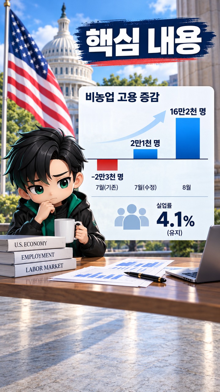 미국 8월 고용 16만2천 명 증가, 7월 수치는 마이너스에서 플러스로 바뀌었다 - 핵심 내용 핵심 내용을 정리한 정보형 이미지
