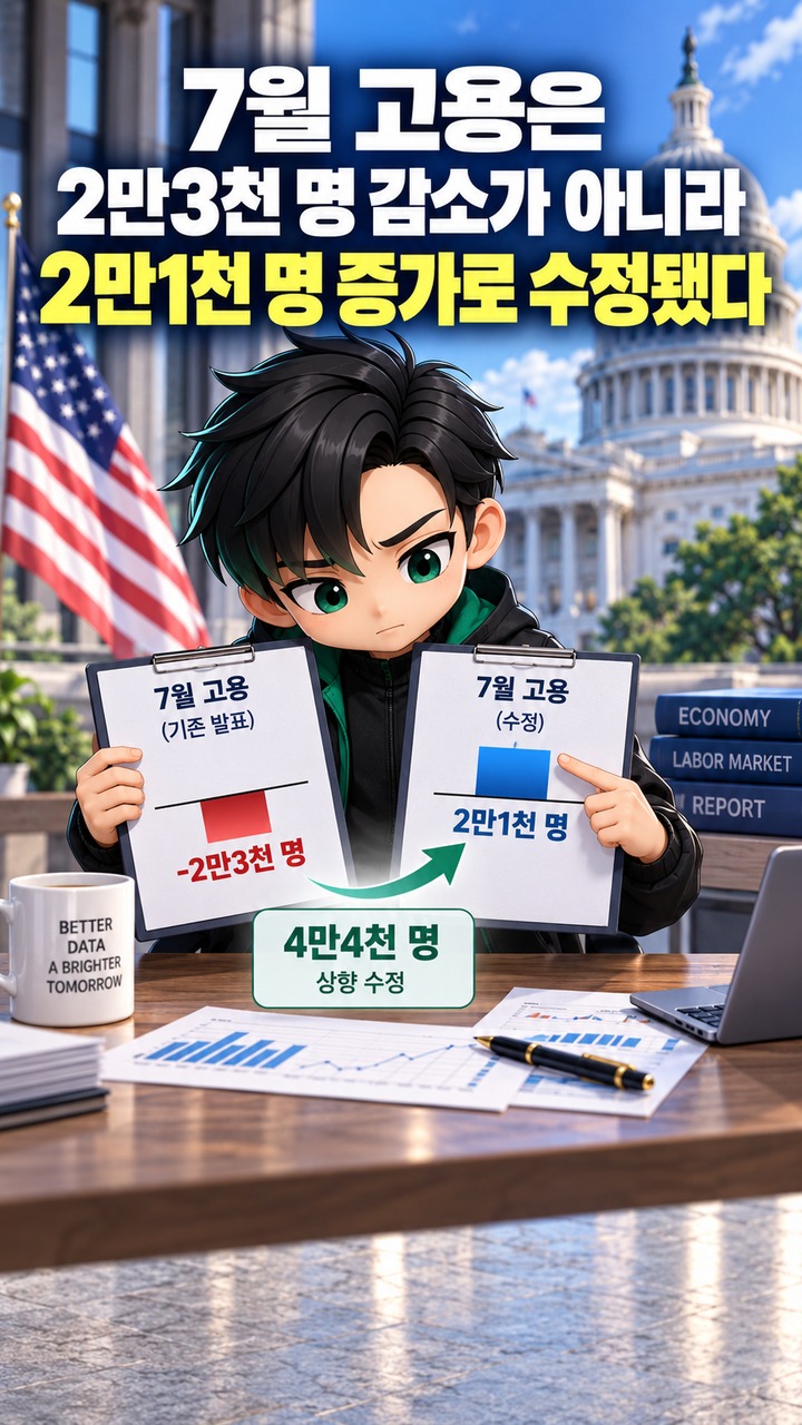 미국 8월 고용 16만2천 명 증가, 7월 수치는 마이너스에서 플러스로 바뀌었다 - 7월 고용은 2만3천 명 감소가 아니라 2만1천 명 증가로 수정됐다 핵심 내용을 정리한 정보형 이미지