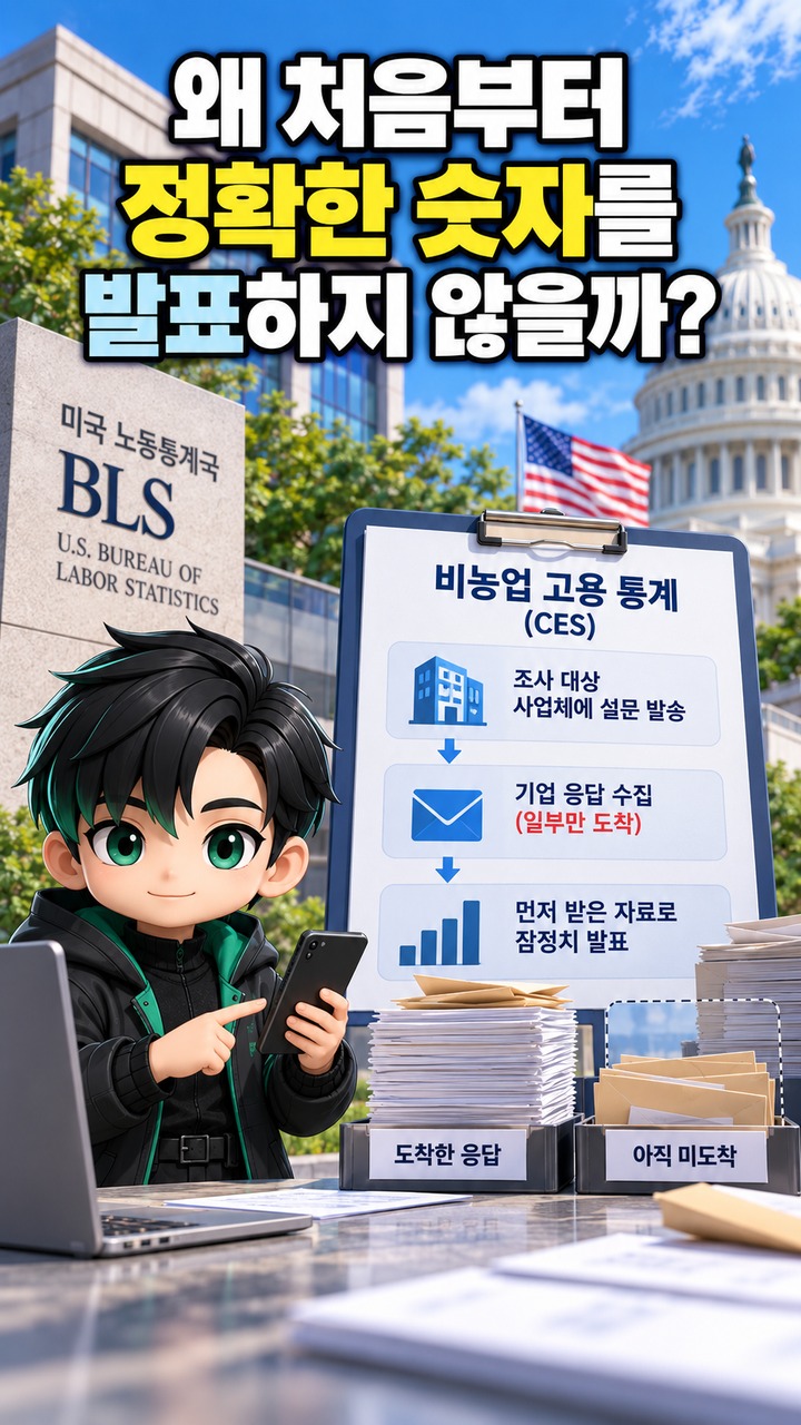 미국 고용통계 수정은 왜 매달 생길까? 7월 -2만3천명→+2만1천명으로 바뀐 이유 - 왜 처음부터 정확한 숫자를 발표하지 않을까 핵심 내용을 정리한 정보형 이미지