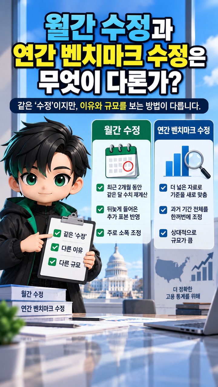 미국 고용통계 수정은 왜 매달 생길까? 7월 -2만3천명→+2만1천명으로 바뀐 이유 - 월간 수정과 연간 벤치마크 수정은 무엇이 다른가 핵심 내용을 정리한 정보형 이미지