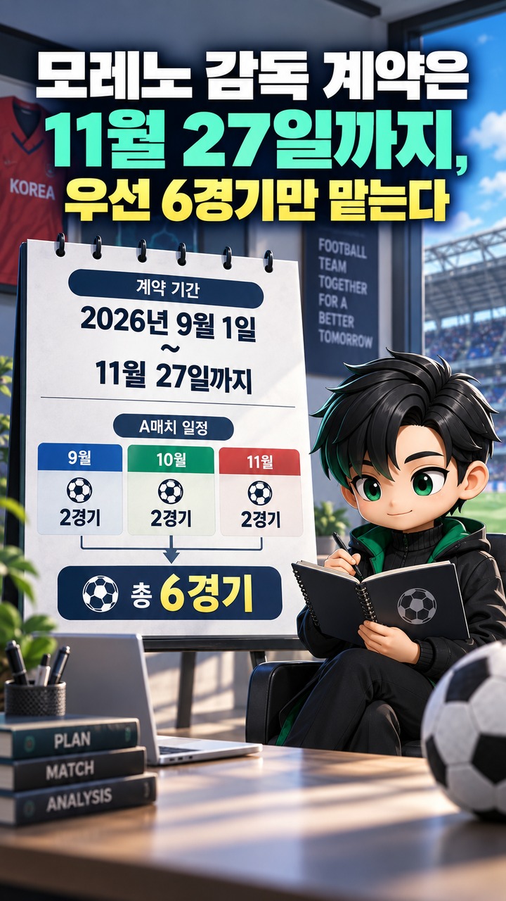 로베르토 모레노는 왜 임시 감독인가, 11월 27일 뒤 아시안컵까지 갈 수 있는 조건 - 모레노 감독 계약은 11월 27일까지, 우선 6경기만 맡는다 핵심 내용을 정리한 정보형 이미지