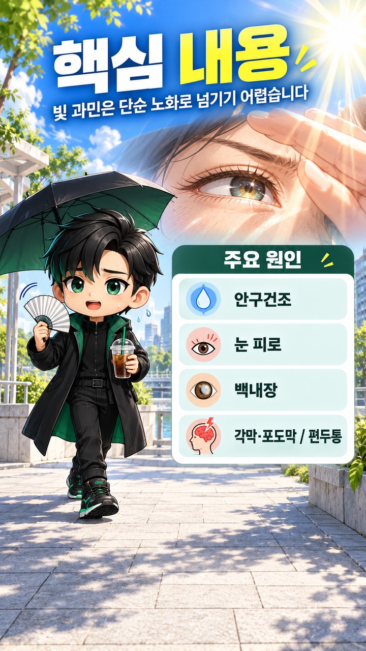 빛만 보면 눈부신 이유, 단순 노화일까? 백내장·안구건조부터 확인할 신호 - 핵심 내용 핵심 내용을 정리한 정보형 이미지