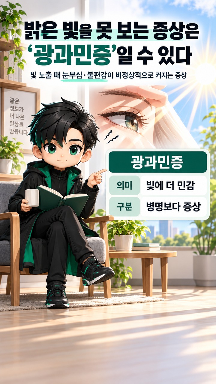 빛만 보면 눈부신 이유, 단순 노화일까? 백내장·안구건조부터 확인할 신호 - 밝은 빛을 못 보는 증상은 ‘광과민증’일 수 있다 핵심 내용을 정리한 정보형 이미지