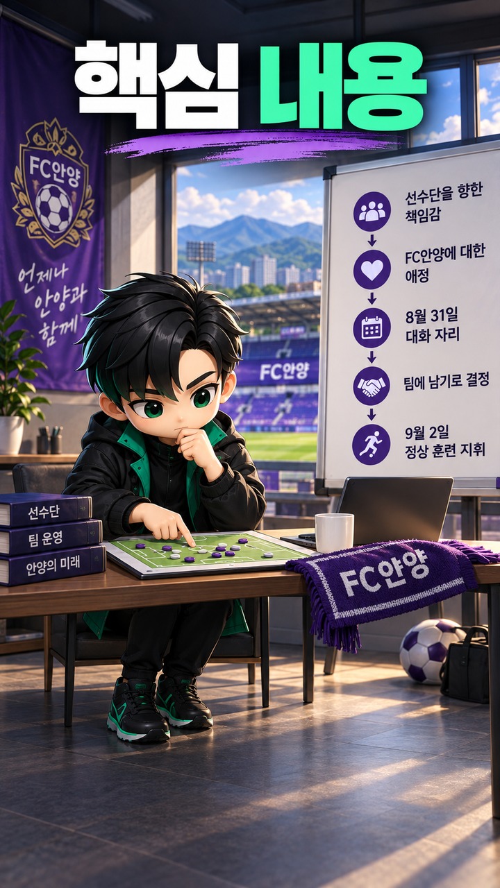 유병훈 복귀 계기, 사퇴 뜻을 접은 건 책임감과 안양에 대한 애정이었다 - 핵심 내용 핵심 내용을 정리한 정보형 이미지