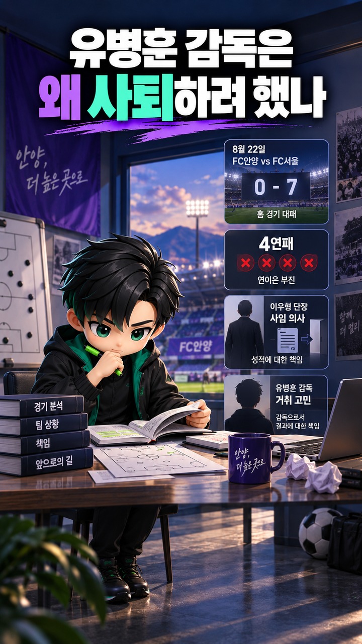 유병훈 복귀 계기, 사퇴 뜻을 접은 건 책임감과 안양에 대한 애정이었다 - 유병훈 감독은 왜 사퇴하려 했나 핵심 내용을 정리한 정보형 이미지