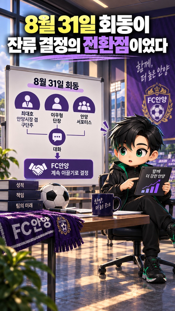 유병훈 복귀 계기, 사퇴 뜻을 접은 건 책임감과 안양에 대한 애정이었다 - 8월 31일 회동이 잔류 결정의 전환점이었다 핵심 내용을 정리한 정보형 이미지