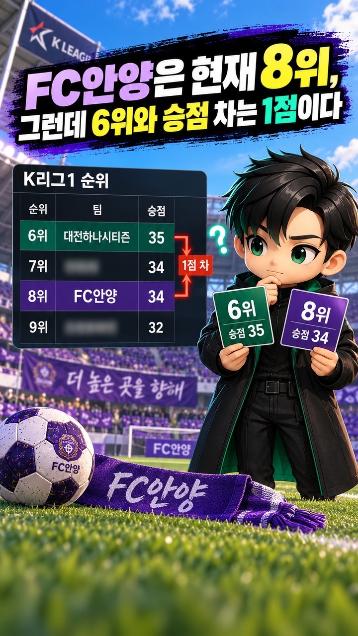 K리그 파이널A 몇 위까지 갈까? FC안양 8위지만 6위와 승점 1점 차인 이유 - FC안양은 현재 8위, 그런데 6위와 승점 차는 1점이다 핵심 내용을 정리한 정보형 이미지