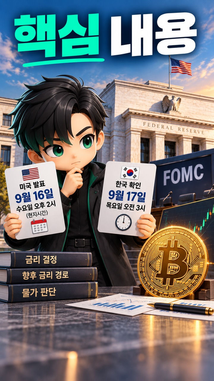 비트코인 FOMC 9월 16일 금리 결정, BTC가 주목해야 할 세 가지 변수 - 핵심 내용 핵심 내용을 정리한 정보형 이미지