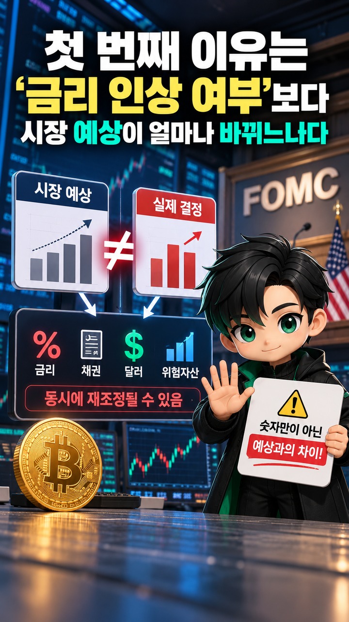 비트코인 FOMC 9월 16일 금리 결정, BTC가 주목해야 할 세 가지 변수 - 첫 번째 이유는 ‘금리 인상 여부’보다 시장 예상이 얼마나 바뀌느냐다 핵심 내용을 정리한 정보형 이미지