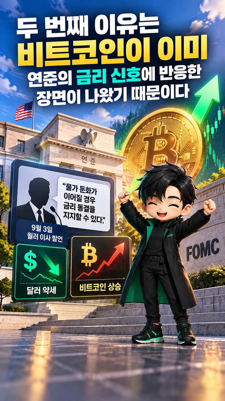 비트코인 FOMC 9월 16일 금리 결정, BTC가 주목해야 할 세 가지 변수 - 두 번째 이유는 비트코인이 이미 연준의 금리 신호에 반응한 장면이 나왔기 때문이다 핵심 내용을 정리한 정보형 이미지