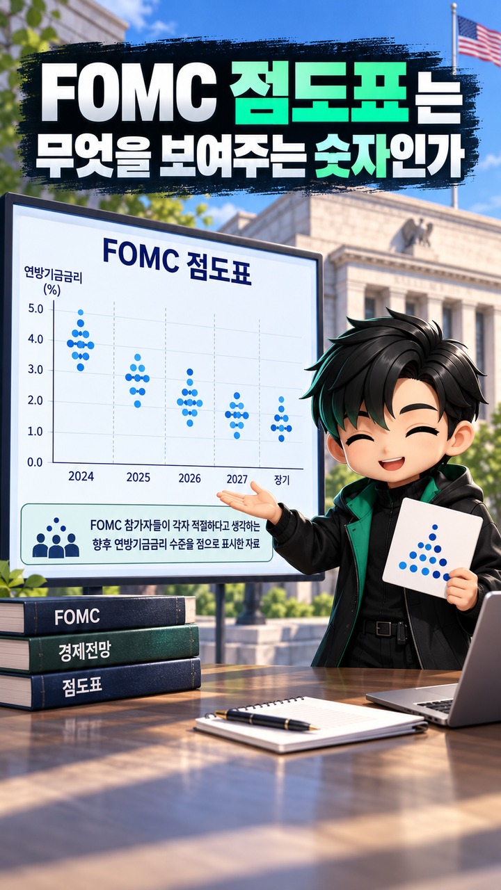 FOMC 점도표 보는 법, 비트코인이 금리 발표보다 더 크게 흔들릴 수 있는 숫자 - FOMC 점도표는 무엇을 보여주는 숫자인가 핵심 내용을 정리한 정보형 이미지
