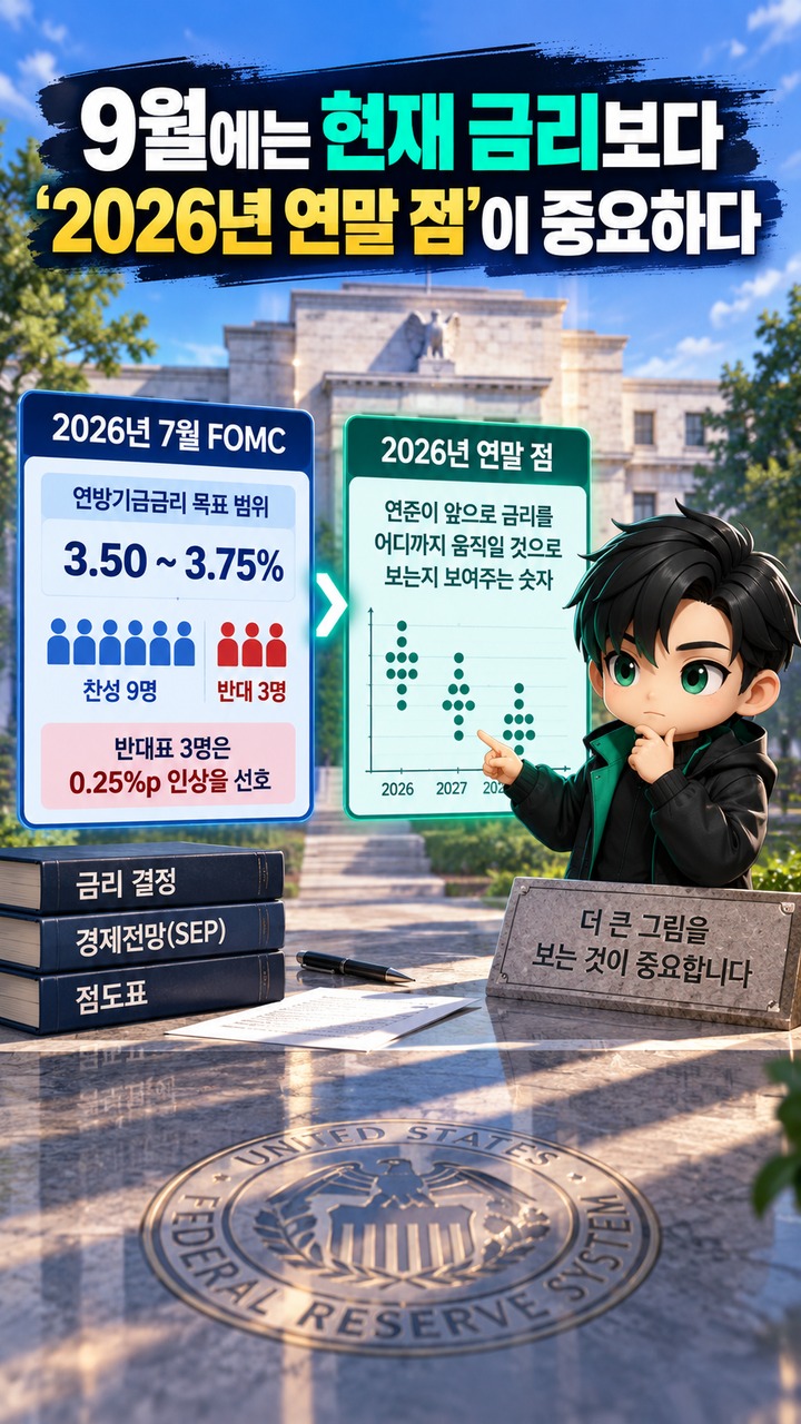 FOMC 점도표 보는 법, 비트코인이 금리 발표보다 더 크게 흔들릴 수 있는 숫자 - 9월에는 현재 금리보다 ‘2026년 연말 점’이 중요하다 핵심 내용을 정리한 정보형 이미지