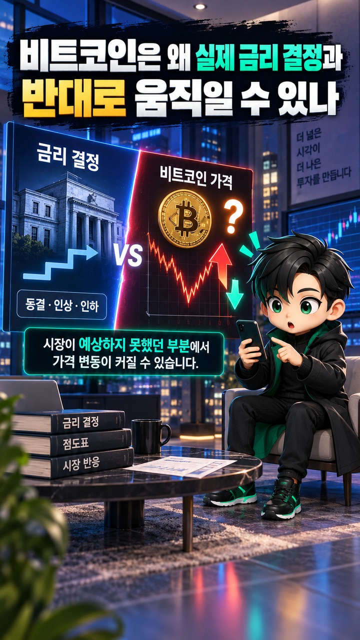 FOMC 점도표 보는 법, 비트코인이 금리 발표보다 더 크게 흔들릴 수 있는 숫자 - 비트코인은 왜 실제 금리 결정과 반대로 움직일 수 있나 핵심 내용을 정리한 정보형 이미지