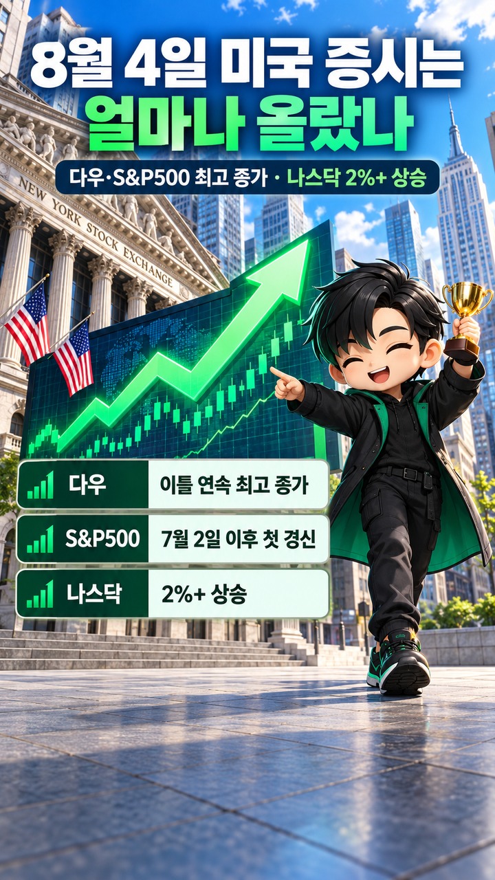 뉴욕증시 8월 4일 기록 경신은 왜 나왔나, 9월 7일엔 호르무즈와 금리가 다시 변수 - 8월 4일 미국 증시는 얼마나 올랐나 핵심 내용을 정리한 정보형 이미지