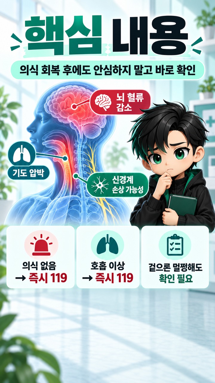 초크로 기절하면 괜찮을까, 의식 돌아와도 바로 확인해야 하는 증상 - 핵심 내용 핵심 내용을 정리한 정보형 이미지