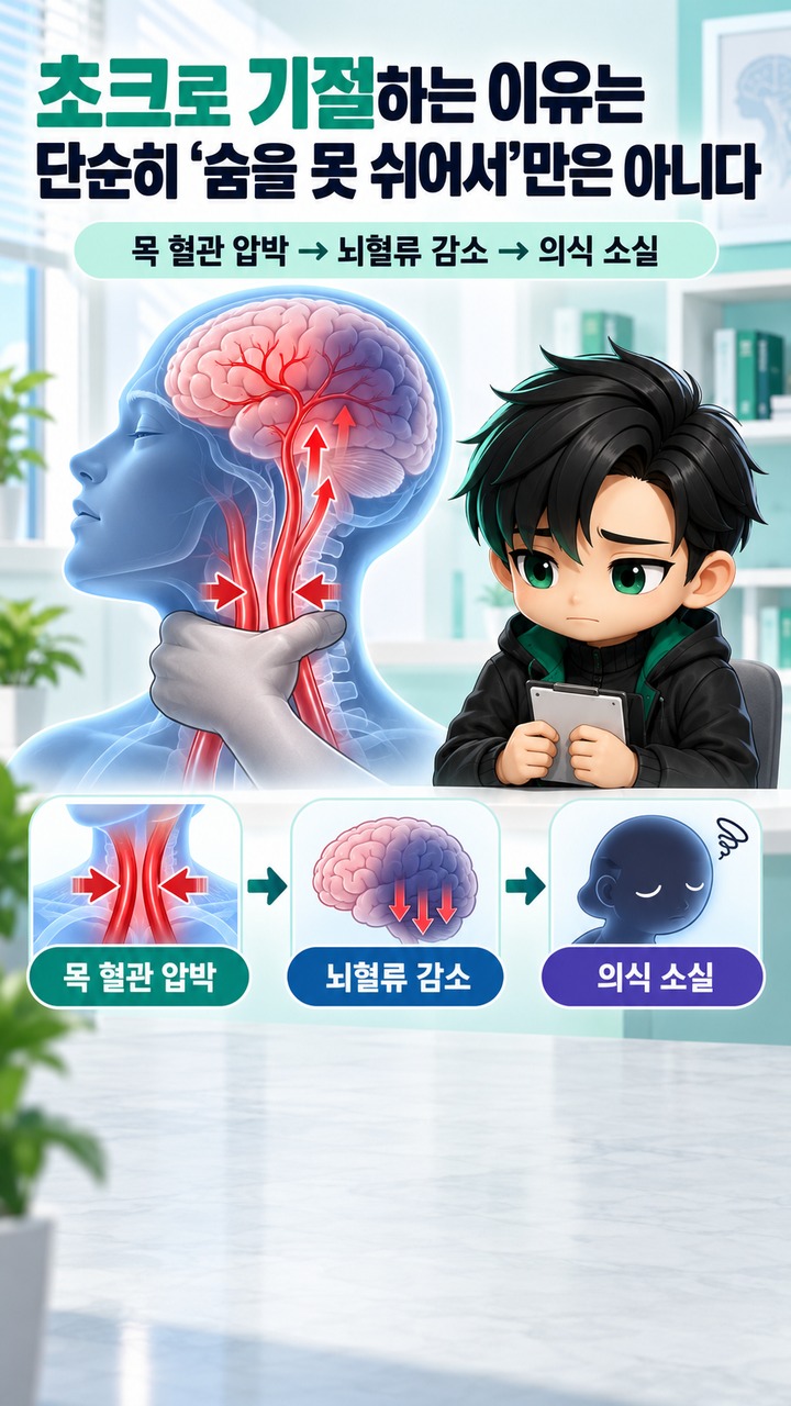 초크로 기절하면 괜찮을까, 의식 돌아와도 바로 확인해야 하는 증상 - 초크로 기절하는 이유는 단순히 ‘숨을 못 쉬어서’만은 아니다 핵심 내용을 정리한 정보형 이미지