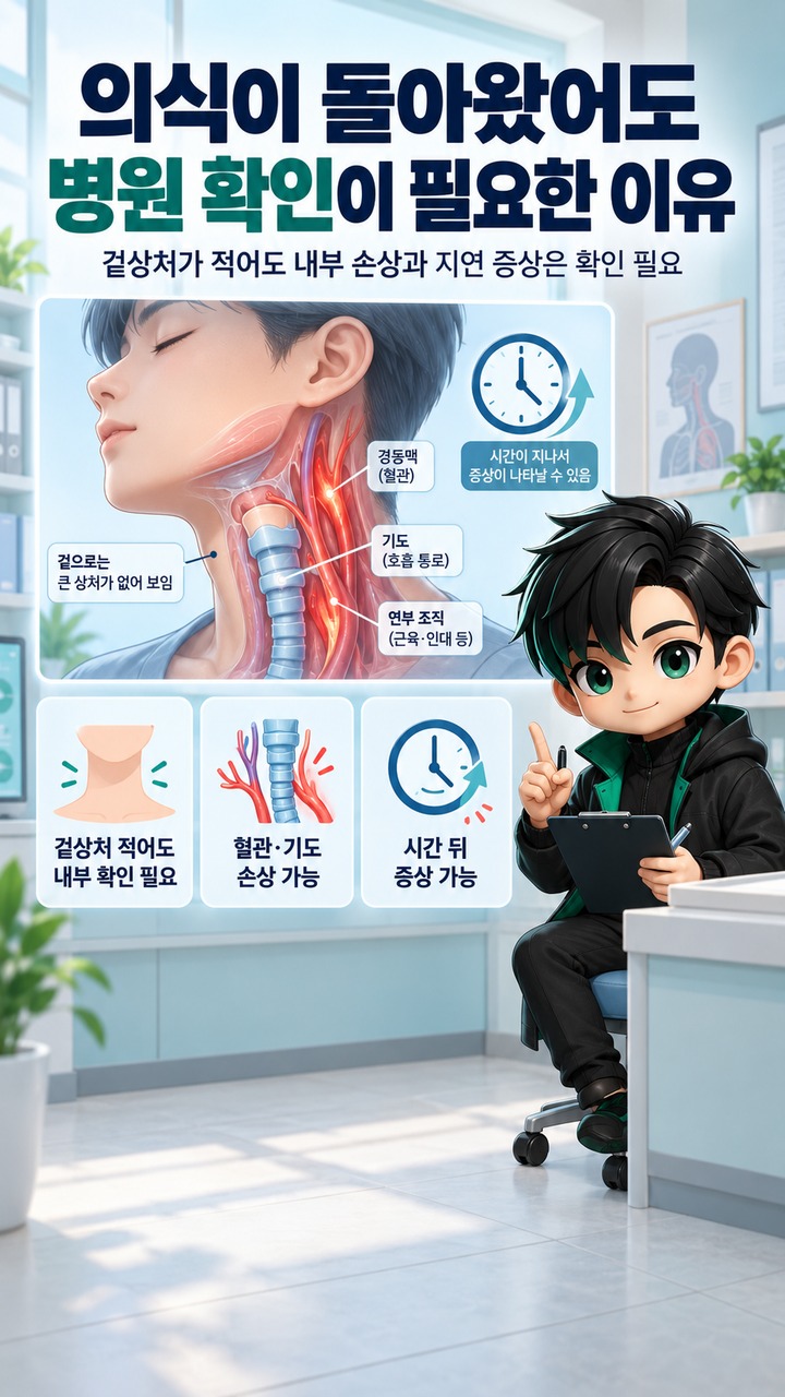 초크로 기절하면 괜찮을까, 의식 돌아와도 바로 확인해야 하는 증상 - 의식이 돌아왔어도 병원 확인이 필요한 이유 핵심 내용을 정리한 정보형 이미지