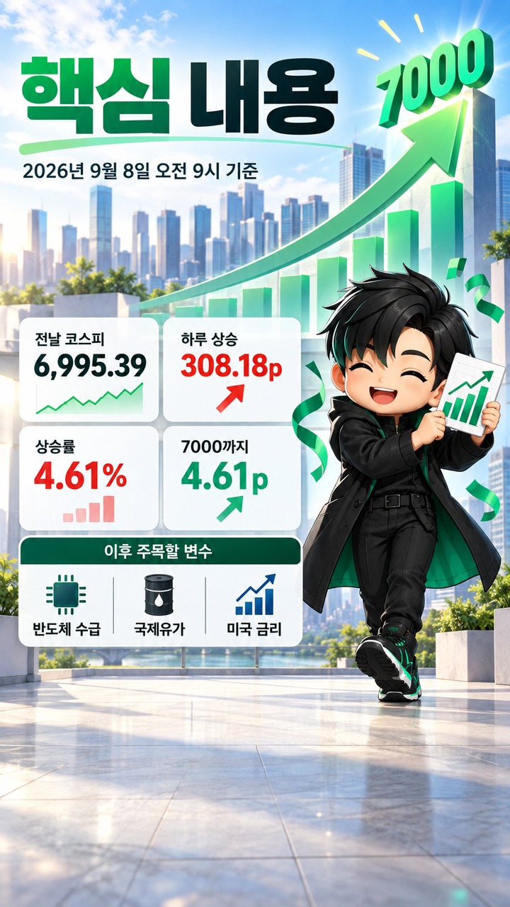 주식 오늘 장, 코스피 6995.39에서 7000까지 4.61포인트…반도체 다음에 볼 변수 - 핵심 내용 핵심 내용을 정리한 정보형 이미지