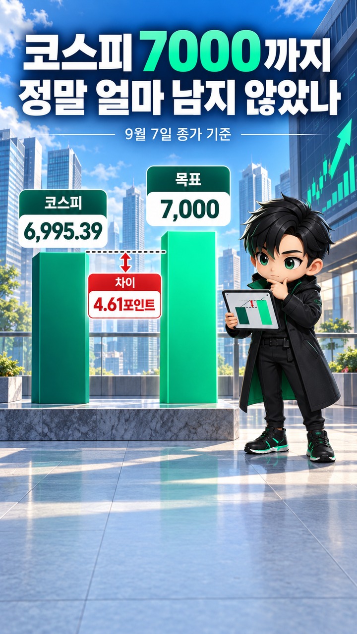 주식 오늘 장, 코스피 6995.39에서 7000까지 4.61포인트…반도체 다음에 볼 변수 - 코스피 7000까지 정말 얼마 남지 않았나 핵심 내용을 정리한 정보형 이미지