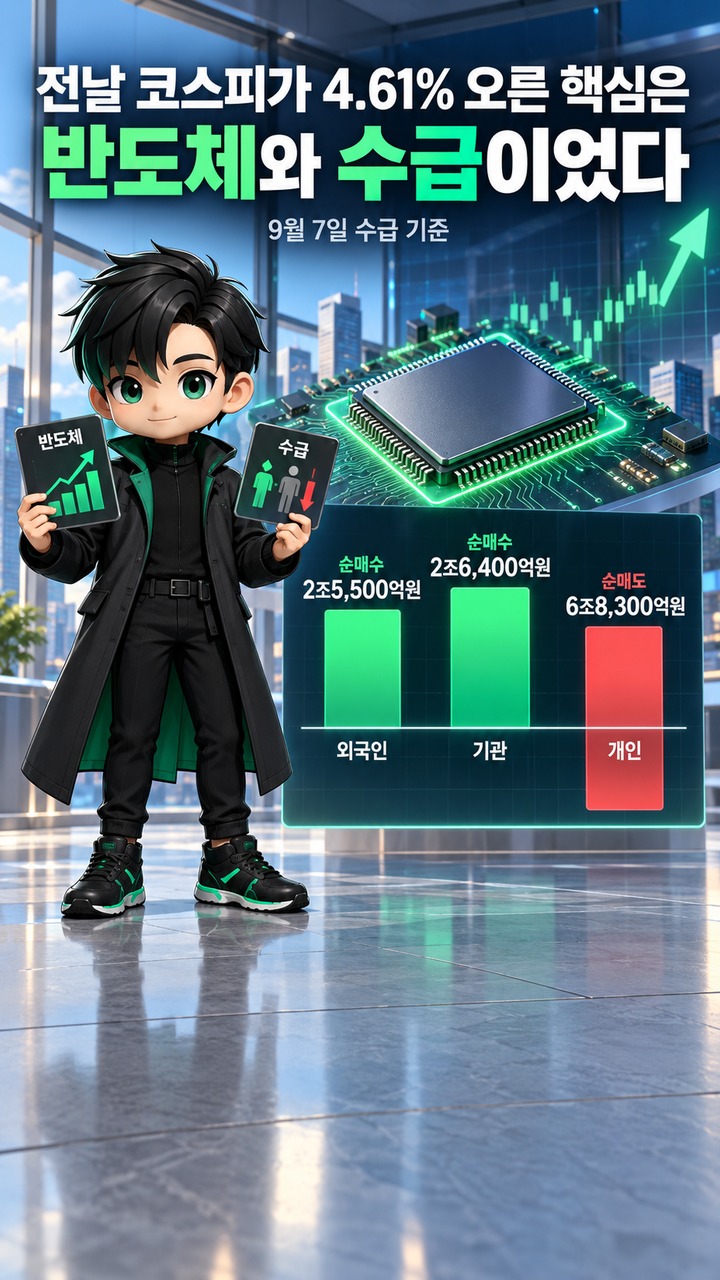 주식 오늘 장, 코스피 6995.39에서 7000까지 4.61포인트…반도체 다음에 볼 변수 - 전날 코스피가 4.61% 오른 핵심은 반도체와 수급이었다 핵심 내용을 정리한 정보형 이미지