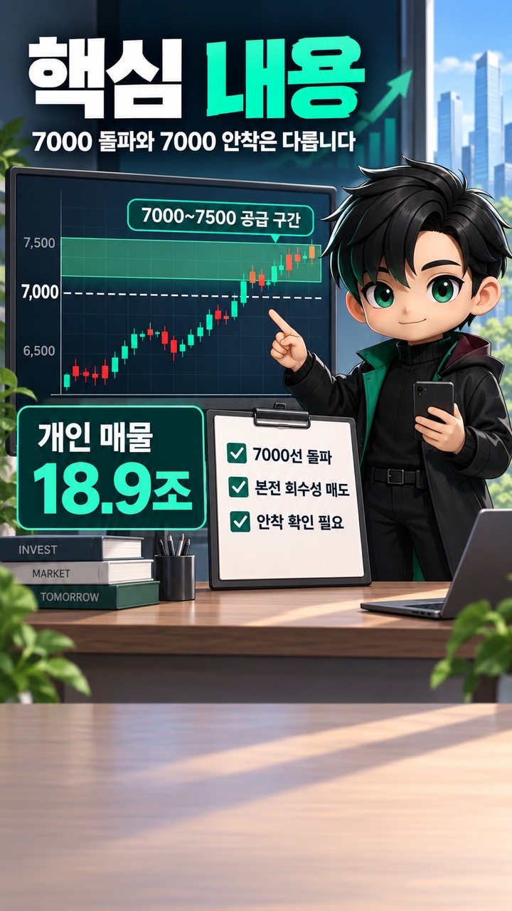 코스피 7000 넘었는데 왜 안착은 다를까? 7000~7500 개인 매물 18.9조가 변수인 이유 - 핵심 내용 핵심 내용을 정리한 정보형 이미지