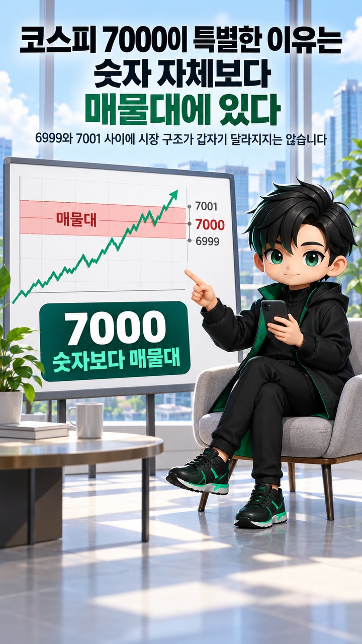 코스피 7000 넘었는데 왜 안착은 다를까? 7000~7500 개인 매물 18.9조가 변수인 이유 - 코스피 7000이 특별한 이유는 숫자 자체보다 매물대에 있다 핵심 내용을 정리한 정보형 이미지
