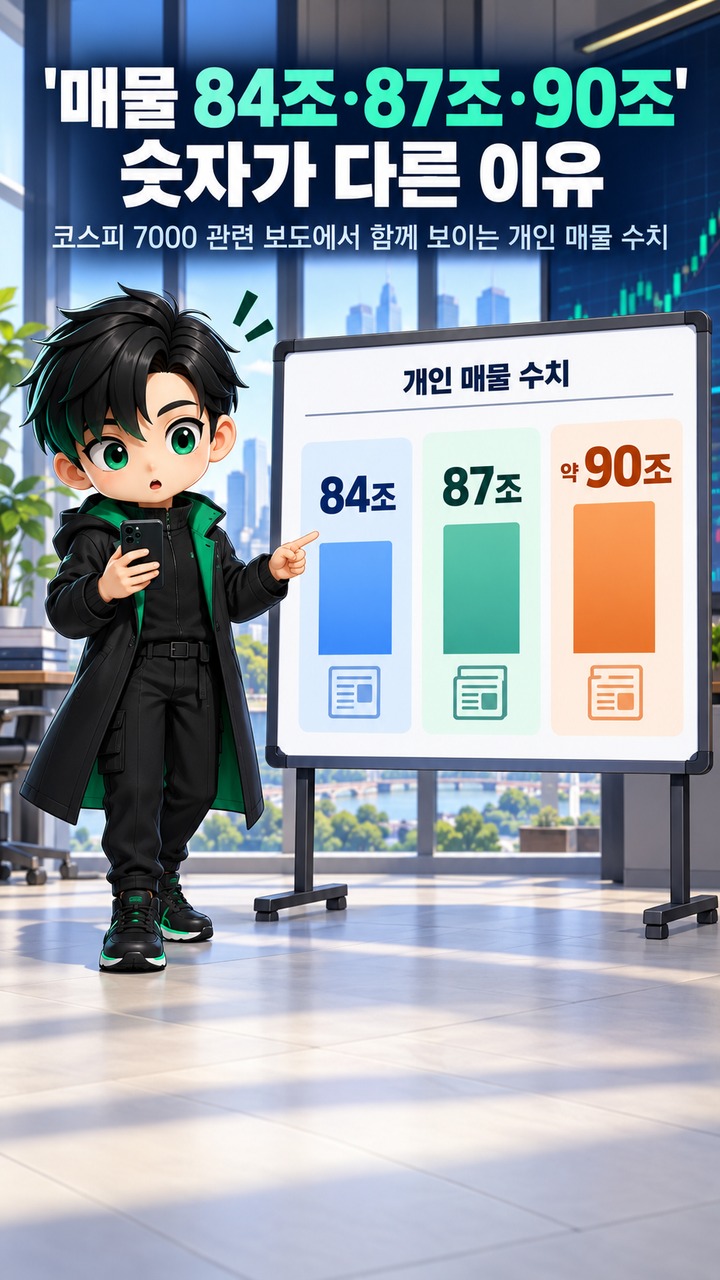 코스피 7000 넘었는데 왜 안착은 다를까? 7000~7500 개인 매물 18.9조가 변수인 이유 - '매물 84조·87조·90조' 숫자가 다른 이유 핵심 내용을 정리한 정보형 이미지