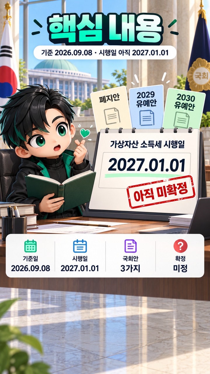 2027년 코인 과세 115일 전, 폐지·2029·2030 유예안은 지금 어디까지 왔나 - 핵심 내용 핵심 내용을 정리한 정보형 이미지