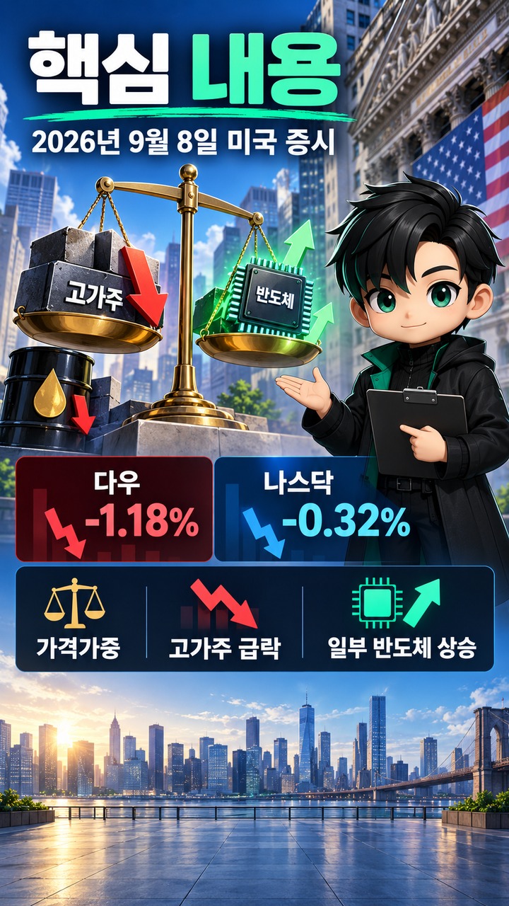 다우는 1.18% 내렸는데 나스닥은 0.32% 하락, 같은 유가 충격에도 차이가 난 이유 - 핵심 내용 핵심 내용을 정리한 정보형 이미지